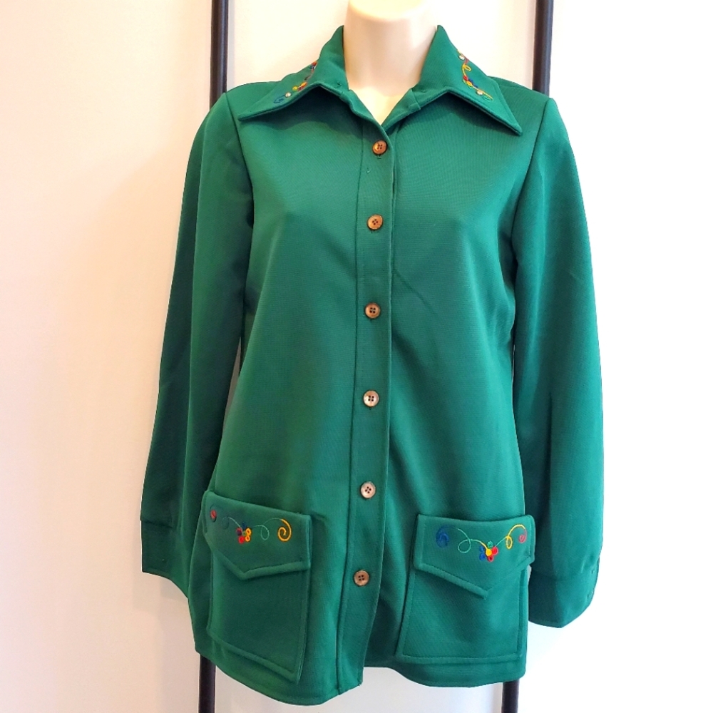Vintage 60s green embroider buttons up top blouse women size S